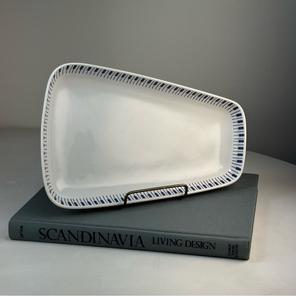 1960s Lyngby Denmark Asymmetrical Serving Tray Dish Blue & White Tangent Pattern